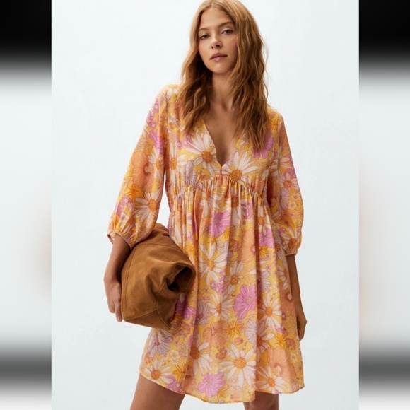 Floral V-Neck Swim Cover-Up Dress in Yellow & Pink - Picture 3 of 13